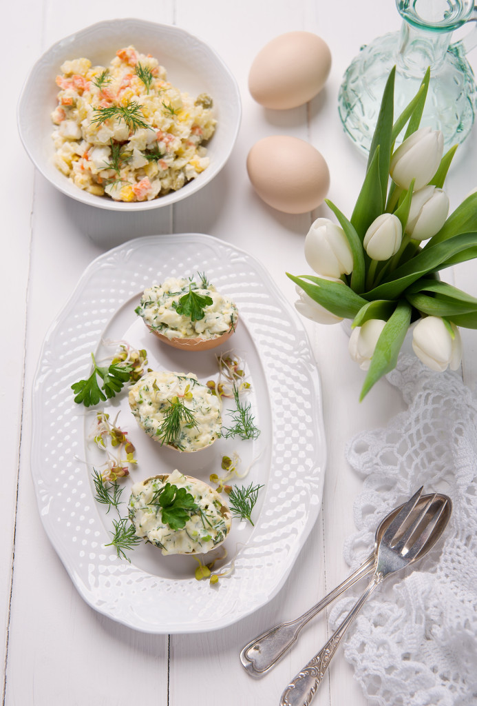 easter dishes,stuffed eggs and potato salad